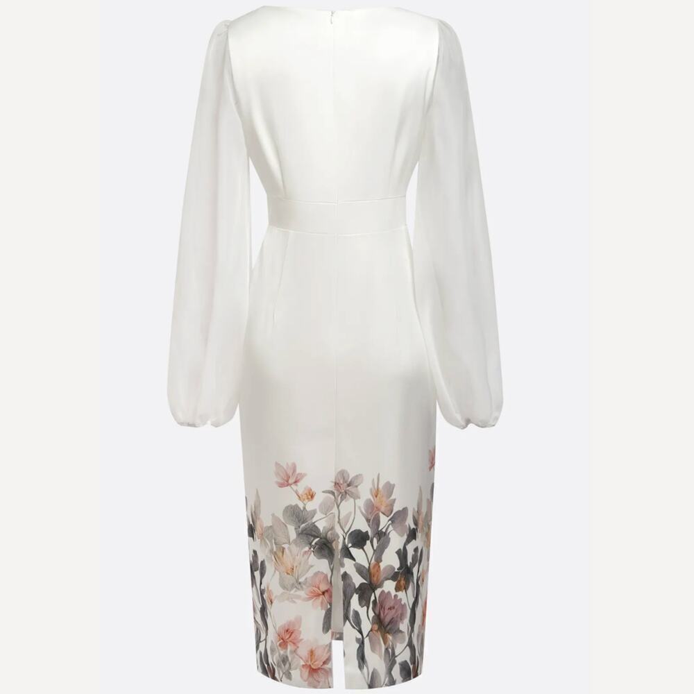 FEHAUTE US10 White Bridal Dress | Sheer Sleeves, Floral Hem, NWT - Picture 4 of 13